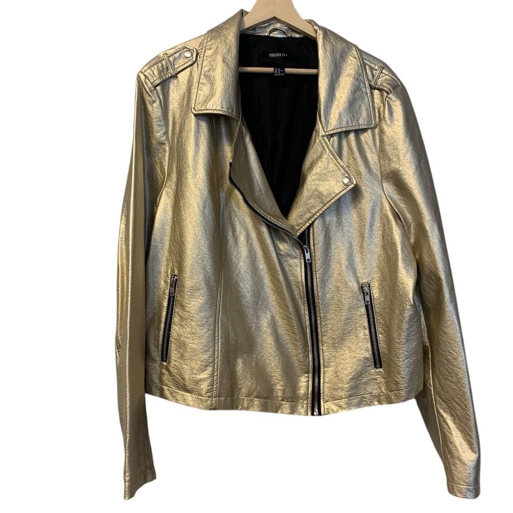 Forever 21 Plus 3XL Gold Metallic Moto Jacket Women's Long Sleeve